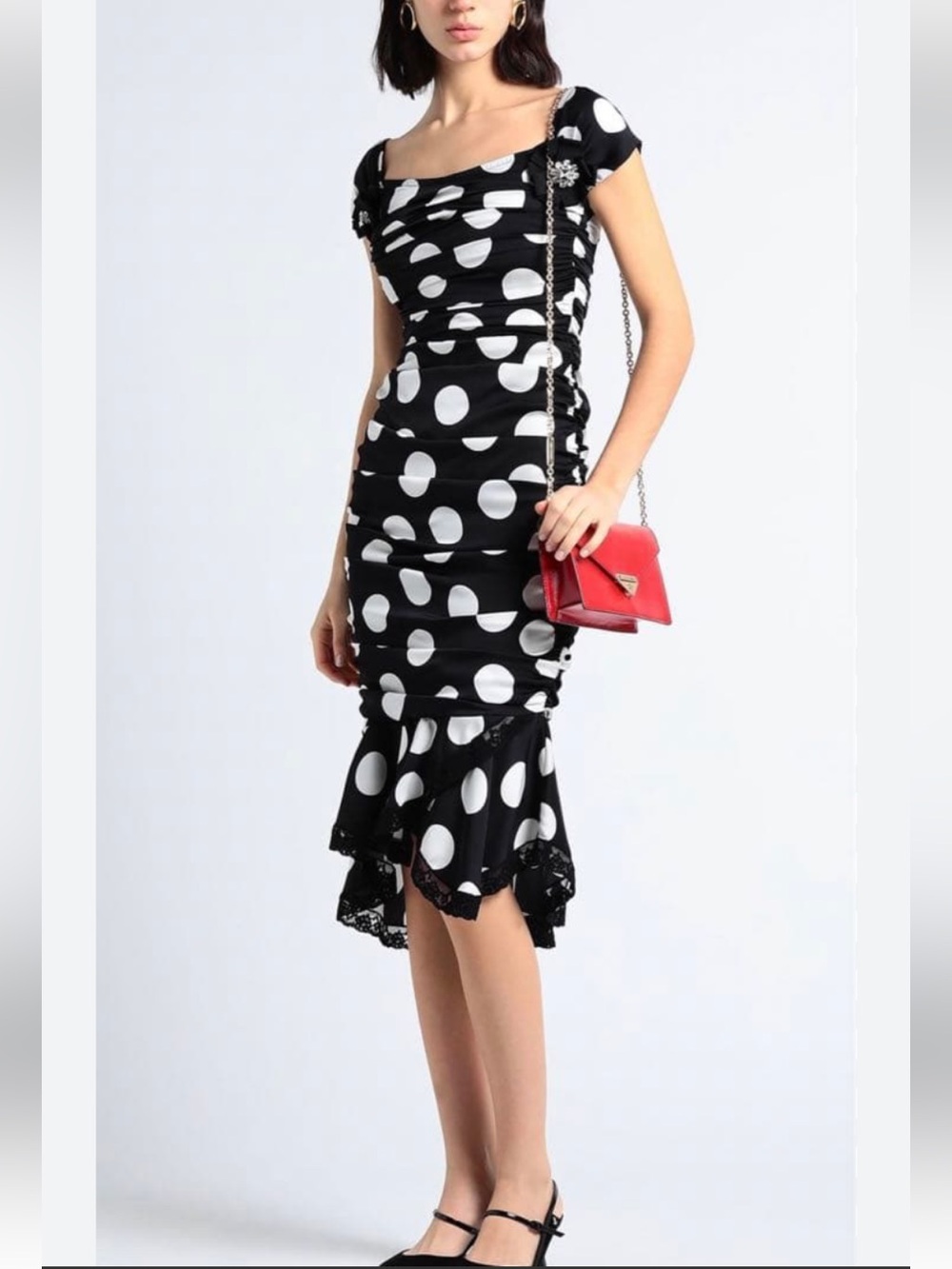 Dolce & Gabbana Polka Dot Ruched Fitted Midi Dress Crystal Brooch Sz 44